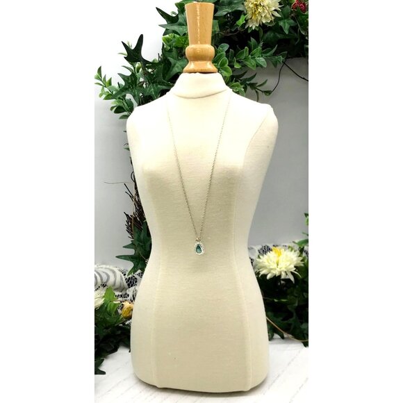 Vintage Style Silver Tone Necklace With Teardrop Blue Gemstone Pendant & Crystal - Picture 2 of 5